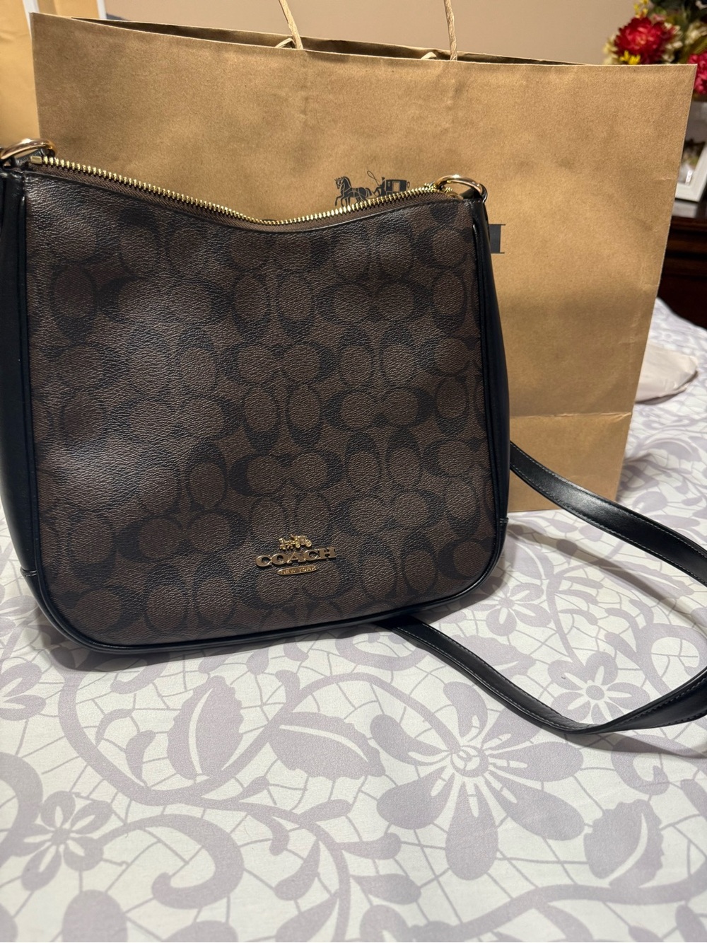 Coach Brown and Black Signature Crossbody Bag with Gold Hardware